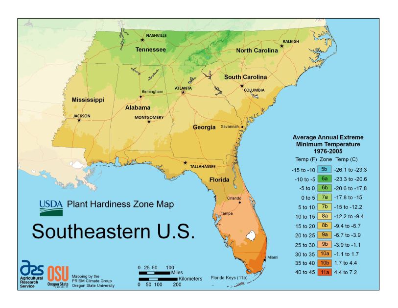 plant hardiness zone map of southeastern united state